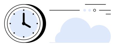 Saatleri gösteren siyah elleri ve noktaları olan duvar saati stilize edilmiş mavi bulut ve çizgilerle eşleştirilmiş. Kavram için ideal zaman yönetimi, hava uygulamaları, üretkenlik araçları, basitlik