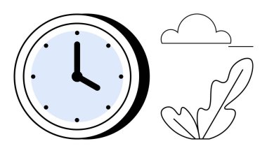 Analog saat, bulut ve yaprak. Zaman yönetimi, rahatlama, doğa bağlantısı, basitlik, farkındalık çevresel farkındalık ve kavramsal sanat konuları için idealdir. Soyut çizgi düz metafor