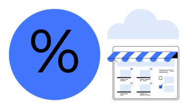 Bulutların altındaki bir çevrimiçi mağazanın yanında yüzde işareti. E-ticaret, bulut depolama, indirimler, çevrimiçi satışlar, dijital pazarlama, online alışveriş, veri yönetimi için ideal. Soyut satır düzlüğü