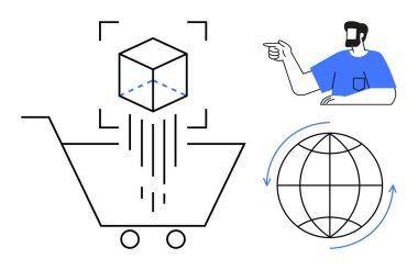 Üstünde 3 boyutlu küp olan alışveriş arabası, işaret eden kişi, dönen dünya. E-ticaret, lojistik, küresel ticaret, online alışveriş, dağıtım hizmetleri teknoloji entegrasyon pazarlaması için idealdir. Soyut çizgi