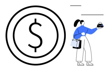 Cüzdanı ve alışveriş çantaları taşıyan at kuyruklu bir kadın. Finansal işlemleri temsil eden büyük bir dolar işareti. Alışveriş, harcama, ekonomi, finans, tüketici davranışı, işlemler, pazar için ideal