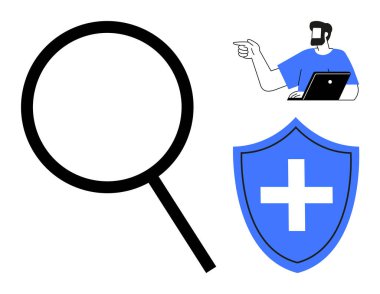 Bilgisayarlı bir adam büyüteç ve kalkanı işaretliyor. Sağlık, güvenlik, koruma, analiz, güvenlik, tıbbi araştırma ve teknoloji konuları için idealdir. Soyut satır düzlüğü