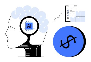 Yapay zeka çipli kafa profili, kutulu kontrol listesi ve bir dolar işareti. Teknolojik yenilik, üretkenlik, finans, iş planlaması, otomasyon, veri analizi ve dijital ekonomi için ideal