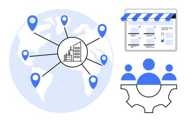 Merkezi iş merkezine bağlanan yer işaretleri olan dünya haritası, bir web mağazası önü ve takım işbirliği sembolü. Küreselleşme, e-ticaret, takım çalışması, bağlantı, coğrafya için ideal