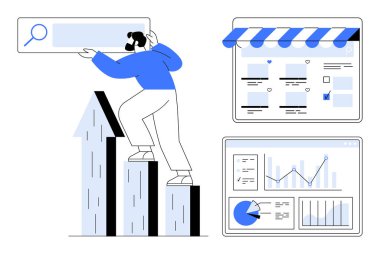 Yükselen çubuk grafiğine tırmanan kişi arama çubuğuna uzanıyor. Web sayfası ögeleri, grafikler, grafikler içerir. Ticari büyüme, dijital pazarlama, veri analizi, SEO ve e-ticaret performansı için ideal