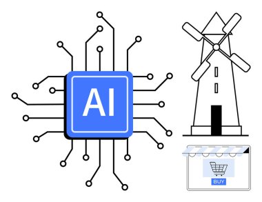 Devreye bağlı yapay zeka çipi yenilenebilir enerjiyi temsil eden yel değirmeni ve online alışveriş arabası. Teknoloji için ideal, yenilenebilir enerji, yapay zeka gelişmeleri, akıllı çözümler, dijital ticaret