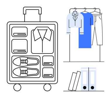Düzenli giysiler, ayakkabılar, askıda asılı giysiler ve dokümanlarla dolu bavullar. Seyahat, iş, organizasyon, paketleme, yaşam tarzı kurumsal verimlilik temaları için ideal. Çizgi
