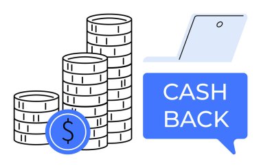 Three stacks of coins, laptop screen, blue chat bubble CASH BACK. Ideal for financial rewards, online shopping, savings, digital transactions, rebates customer loyalty. Minimalist abstract line clipart