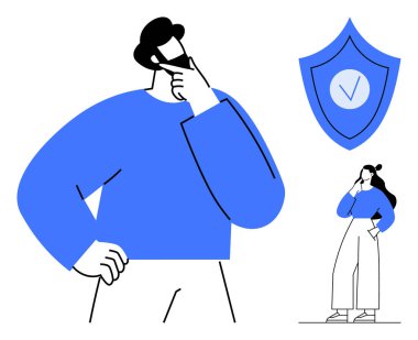 Düşünceli bireyler, büyük ya da küçük, işaretli bir kalkanın yanında el hareketleriyle düşünürler. Güvenlik, koruma, karar verme, düşünce süreçleri, değerlendirme, güvence için ideal