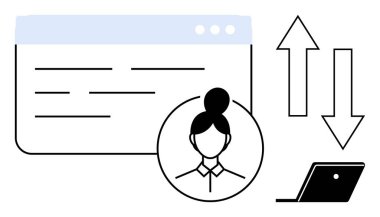 Metin satırlarıyla web sayfası arayüzü, kadın profil çemberi, yukarı ve aşağı oklar, dizüstü bilgisayar. UIUX tasarımı, iş iletişimi, veri transferi, online etkileşim, telekomünikasyon kullanıcısı için ideal