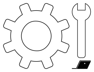 Vites, anahtar ve dizüstü bilgisayar mekanik, onarım ve verimliliği simgeler. Temalar için ideal bakım, teknik destek, endüstriyel süreçler, verimlilik mühendisliği geliştirme proaktif