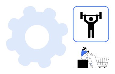 Büyük vites simgesi soluk mavi, halter figürü siyah kare, köşesinde büyük alışveriş arabası olan kadın. Üretkenlik, fitness, alışveriş, ticaret, güç, verimlilik sağlığı için ideal