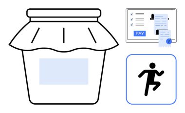 Ödeme seçeneği ve simge çalıştıran kişi ile belge kontrol listesinin yanında kumaş kapaklı kavanoz. Finans, üretkenlik, günlük yaşam, bütçe, sağlık, fitness, hedef belirleme, soyut çizgi
