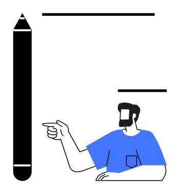 Mavi gömlekli sakallı erkek figürü büyük boy dikey kalemi işaret ediyor. Kalemin üstünde ve altında yatay çizgiler var. Eğitim, yaratıcılık, tasarım, rehberlik, öğrenme, sanatsal ilham için ideal