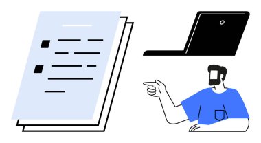 Belgeler, açık dizüstü bilgisayar ve işaret eden kişi. Uzaktan çalışma, takım işbirliği, verimlilik, belge paylaşımı, iletişim projesi yönetimi ve dijital dönüşüm için ideal. Soyut çizgi