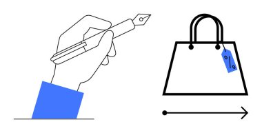 Bir alışveriş çantasının yanında dolmakalem tutarken bir de sağ tarafı işaret eden bir ok. Alışveriş, yazma, yaratıcılık, ticaret, perakende satış, çizim, basitlik için ideal. Soyut satır düzlüğü