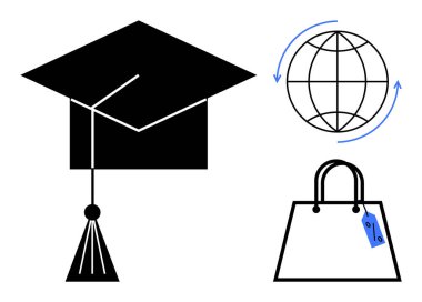 Eğitimi temsil eden mezuniyet şapkası küresel ulaşımı simgeleyen dünya küresi ve ticareti sembolize eden alışveriş çantası. Eğitim, küreselleşme, e-ticaret ve öğrenim hayatı için ideal