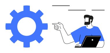 Adam dizüstü bilgisayar kullanırken mavi dişliyi işaret ediyor. Teknoloji entegrasyonu, takım çalışması ve problem çözmeyi öneriyor. Üretkenlik, yenilik, iş stratejisi, teknik destek, iş akışı için ideal