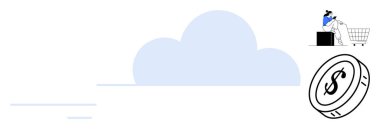 Bilgisayarı, alışveriş arabasını ve dolar işaretli bozuk parayı kullanan biriyle. Çevrimiçi alışveriş, e-ticaret, dijital ödemeler, bulut hizmetleri, tüketici davranışı, mali