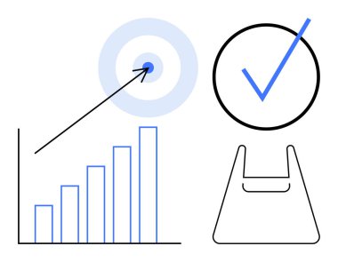 Yukarı doğru eğilimli çubuk grafiği, hedefi tam isabet eden ok, pano formunun üstünde daire şeklinde büyük kontrol işareti. Sunumlar için ideal, iş stratejisi, hedef belirleme, proje yönetimi, büyüme