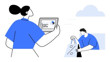 Kadın tabletteki satış verilerini analiz ederken, erkek internette bir bulut simgesi sipariş ediyor. E-ticaret, pazarlama, veri analizi, uzaktan çalışma, teknoloji eğilimleri, çevrimiçi alışveriş, iş stratejisi için ideal