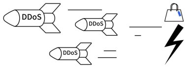 Bir siber saldırıyı temsil eden üç DDoS füzesi e-ticaret çantası ve yıldırıma doğru uçuyor. Siber güvenlik, çevrimiçi tehditler, DDoS saldırıları, internet güvenliği, bilişim güvenliği için ideal