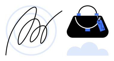 El yazısıyla imzalanmış, üzerinde fiyat etiketi olan şık bir çanta ve bulut tasarımı. E-ticaret, kimlik doğrulama, lüks, moda, bulut hizmetleri markalaşması ve dijital güvenlik için ideal. Soyut satır düzlüğü