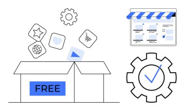 Bedava etiketli bir kutudan yıldız, kalp ve el arabası gibi çeşitli dijital simgeler, çevrimiçi bir mağaza önü ve işaretli bir ayar teçhizatı eşliğinde çıkar. E-ticaret için ideal, çevrimiçi araçlar, web sitesi