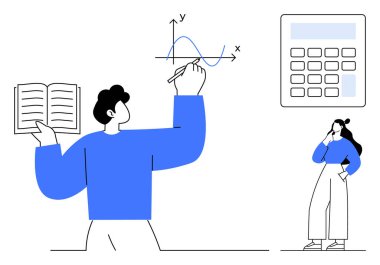 Bir kişi açık bir kitap tutuyor, beyaz tahtaya grafik çiziyor, diğer kişi ise büyük bir hesap makinesinin yakınına gidiyor. Eğitim, matematik, öğrenme, öğretim, problem çözme için ideal