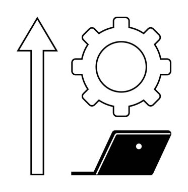 Dizüstü bilgisayar, teçhizat ve ok gelişim, verimlilik, teknoloji ve büyüme temalarını gösterir. İş geliştirme, yenilik süreci gelişimi kariyerindeki kavramlar için ideal