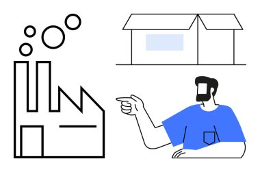 Fabrika yayma çemberleri, kutu deposu, kaldırılmış kolla işaret eden kişi. Üretim, lojistik, endüstri, iş gücü, ekonomi zinciri üretim kavramları için idealdir. Soyut satır düzlüğü