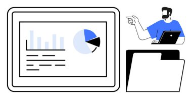 Tablet, bar ve pasta grafikleri, dizüstü bilgisayarı olan iş adamı, klasör simgesi. Veri sunumu için ideal, iş analizleri, ofis çalışması, dijital raporlama, proje yönetimi