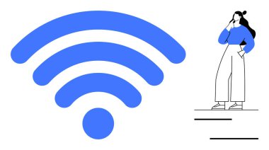 Solunda yay olan büyük mavi kablosuz sinyal simgesi ve minimalist tasarımda sağda duran kişi. Bağlantı için ideal, iletişim, teknoloji, internet erişimi, modern yaşam, dijital