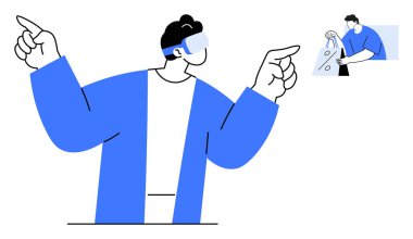 Mavi kıyafetli ve sanal gerçeklik kulaklıklı biri zıt yönlere bakıyor. Inset, arttırılmış gerçeklik yüz tanıma sistemine sahip bir kişi daha gösteriyor. Teknoloji ve yenilik için ideal