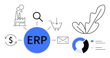 Merkezi ERP çemberi bir sanayi fabrikasıyla bağlantılı, büyüteç, alışveriş arabası, dolar işareti, zarf, grafikler ve bitki. Verimlilik ve işlem yönetimi için ideal