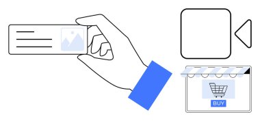 Video oynatma düğmesi ve alışveriş arabalı online alışveriş ikonu yanında el ele tutuşma kartı. Çevrimiçi varlık için ideal, dijital pazarlama, ağ kurma, e-ticaret, medya bağlantısı, sanal