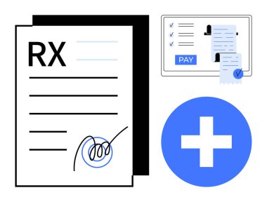 Prescription form with signature, digital payment receipt displaying pay button, healthcare symbol in blue cross circle. Ideal for medical billing, e-health, pharmacy, insurance claims, telemedicine clipart