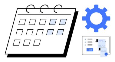Vurgulanmış günleri, mavi dişlileri ve maaş bordrosunu içeren takvim maaş çizelgesini ön plana çıkarıyor. İş planlaması, mali yönetim, İK süreçleri, zamanlama, otomasyon, maaş ödeme zamanı için ideal