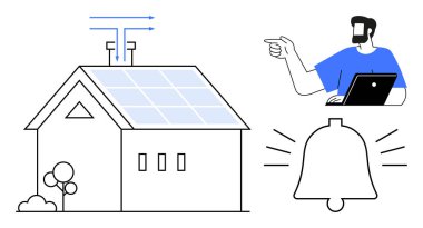 Güneş panelleri olan bir ev, dizüstü bilgisayarı olan bir adam, uyarı zili. Akıllı ev teknolojisi, yenilenebilir enerji, uzak yönetim, çevre dostu yaşam, ev otomasyonu, sürdürülebilirlik için ideal