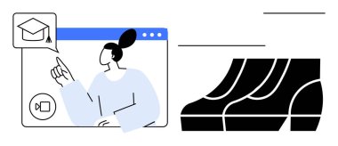 Mezuniyet şapkası simgesine bakan bir kadın. Video arayüzü, iki ayak iziyle birlikte. Uzaktan eğitim, çevrimiçi eğitim, mezuniyet, sanal iletişim, web siteleri, çevrimiçi toplantılar için ideal