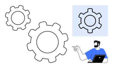 Profesyonel iş adamı vites çizme mekanizmasını işaret ediyor. Takım çalışması, proje yönetimi, verimlilik, yenilik, yapı, mühendislik ve işbirliği için ideal. Soyut çizgi düz metafor