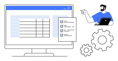 Bilgisayar ekranı, hesap tablosunu işaretli kutular, dizüstü bilgisayarı olan adam ve vitesleri gösteriyor. Üretkenlik, proje yönetimi, veri analizi, takım çalışması, otomasyon, teknoloji verimliliği için ideal