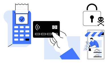 Kredi kartı, ödeme terminalinin yanında, makbuzu yukarıda. Akıllı telefon alışverişi gösteriyor, sağ üstteki ikona kilitlenin. Finans, güvenlik, e-ticaret, veri koruması, çevrimiçi işlemler için ideal