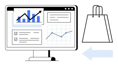 Bilgisayar ekranında grafikler, kontrol listeleri ve alışveriş çantasına bakan çizelgeler var. E-ticaret, dijital pazarlama, çevrimiçi alışveriş, veri analizi, iş büyümesi, perakende eğilimleri pazarı için ideal