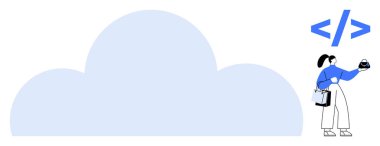 At kuyruklu bir kadın akıllı telefon tutuyor, büyük bir bulut simgesi ve şifre parantezinin yanında evrak çantası taşıyor. Bulut hesaplama, kodlama, teknoloji, veri yönetimi, uzaktan çalışma, modern