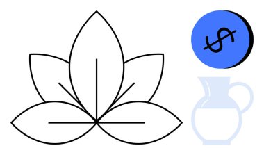 Siyah nilüfer çiçeği saflığı ve büyümeyi temsil eder, dolar işaretli mavi daire finansı simgeler, ve sürahinin ana hatları çok yönlü bir dokunuş ekler. Sağlık, finans, sadelik ve maneviyat için ideal.