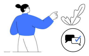 Belirtilen işaretli sohbet simgelerine doğru bireysel hareketler, soyut şekiller eşliğinde. Başlıklar için ideal iletişim, mesajlaşma, onay, etkileşim, takım işbirliği, geri bildirim