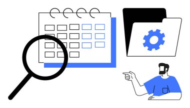 Takvim, büyüteç, dişli simgesi olan klasör ve işaretçi adam programlama, arama, organize etme, planlama, verimlilik ve yönetimi temsil ediyor. Zaman yönetimi projesi için ideal