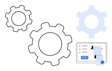 Otomatik sistemleri temsil eden dişliler, kontrol listesi ve maaş işlevi ile dijital arayüz. Ticari faaliyetler, verimlilik, otomasyon, ödeme işlemleri, finans yönetimi, İK