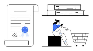 Sertifika belgesi, kitaplar, telefonu olan kadın, alışveriş arabası, çevrimiçi eğitimi temsil eden, sınavlar, e-ticaret, kendi kendine çalışma, dijital alışverişler üretkenlik iş-yaşam dengesi düz çizgi